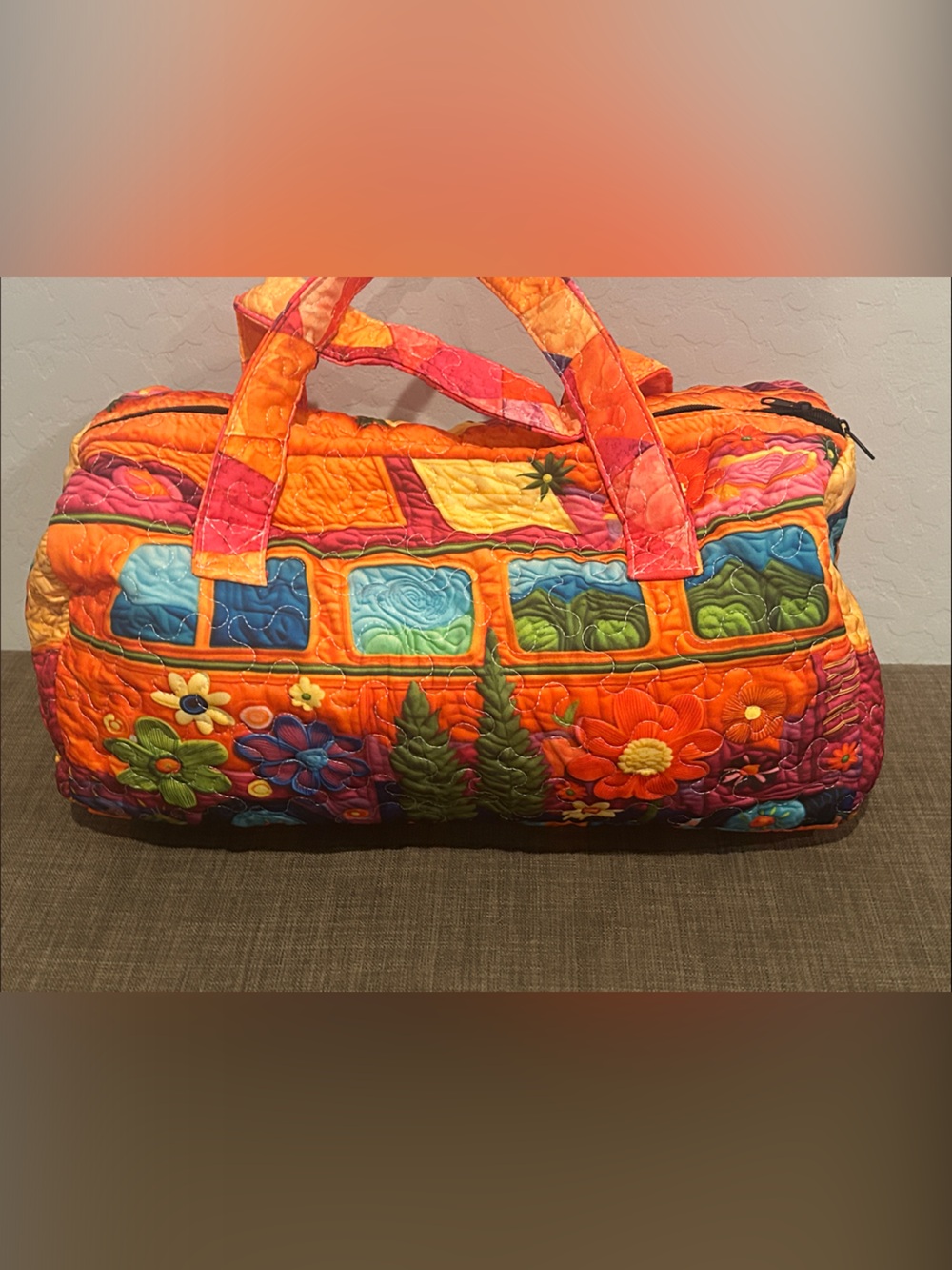 VW Bus Colorful Quilted Floral Tote Bag - Orange Multicolor New